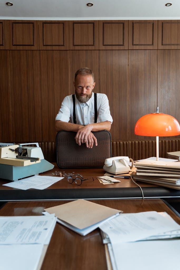 A bearded man in suspenders leans on a desk in a retro office, surrounded by vintage items.