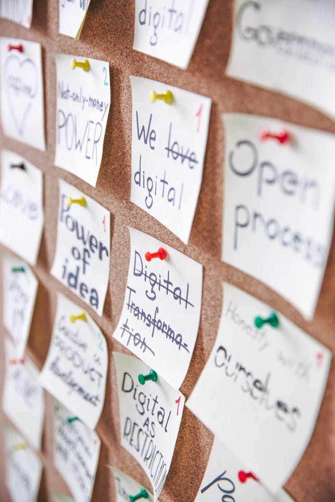 A collection of notes pinned to a board showcasing ideas and planning. Perfect for business or educational content.