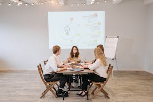 Business team discussing new strategies in a collaborative meeting environment.
